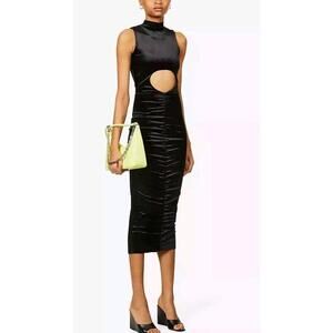 FARAI LONDON XS BLACK VELVET BODYCON MIDI PARTY DRESS #C